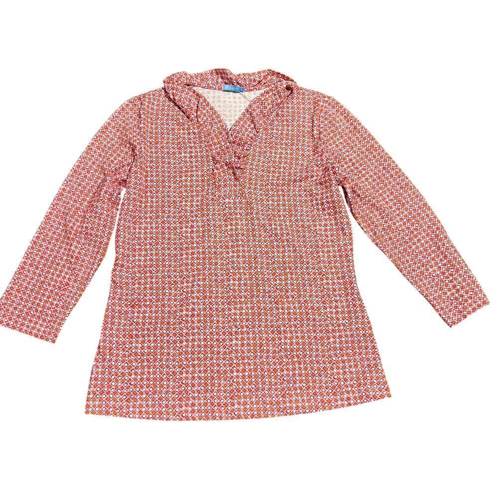 J. McLaughlin Durham Ruffle Top Size Small Catalina Cloth Geo Print 3/4 Sleeve